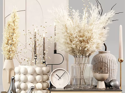 Elegant Modern Decorative Ornaments Set With Pampas Grass Vases Clock And Spherical Pieces 3d model
