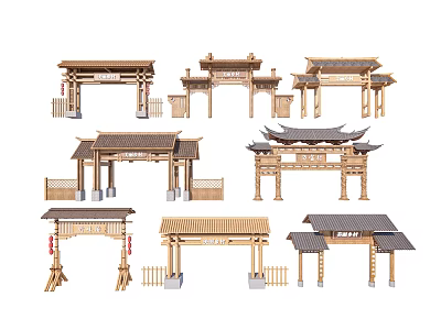 Traditional Chinese Archways With Various Wooden Structures And Classical Roof Designs 3d model