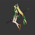 Game and Movie Character in Dynamic Pose Green Outfit With Wings Blonde Hair and Spear