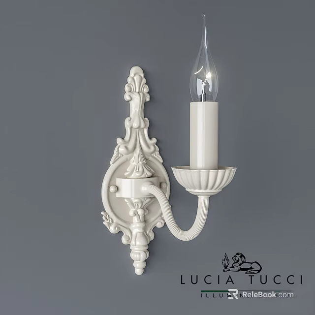 White Ornate Classical Wall Sconce With Clear Bulb On Grey Wall 3d model 
