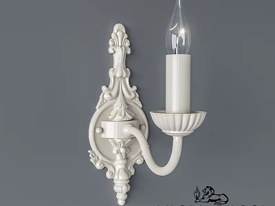 White Ornate Classical Wall Sconce With Clear Bulb On Grey Wall 3d model