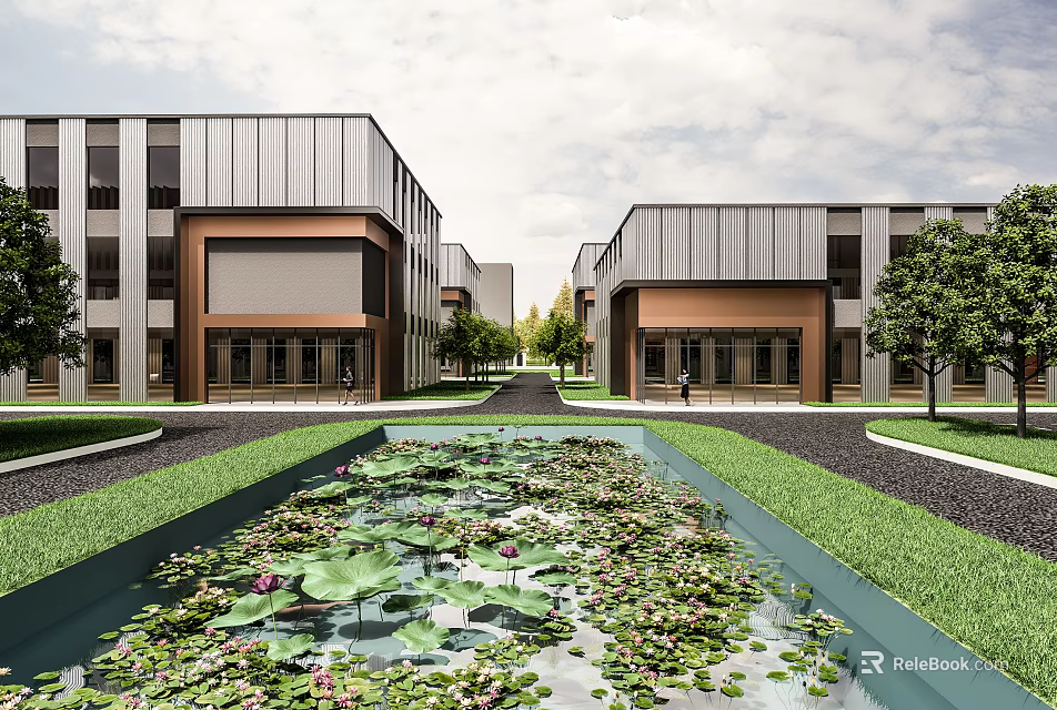 Modern Industrial Factory With Two Symmetric Buildings Central Water Pond Greenery And Pathway 3d model 