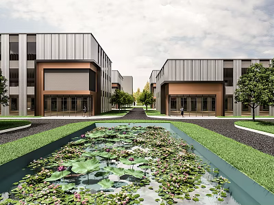 Modern Industrial Factory With Two Symmetric Buildings Central Water Pond Greenery And Pathway 3d model