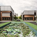 Modern Industrial Factory With Two Symmetric Buildings Central Water Pond Greenery And Pathway