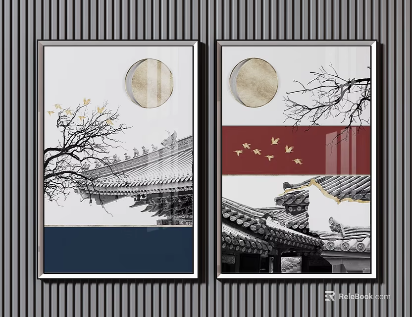 Traditional Chinese Landscape Paintings With Moon Tree Branches Flying Birds And Ancient Building Roofs 3d model 