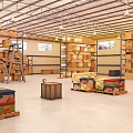 Warehouse Storage Space With Metal Racks Stacked Cartons And Green Forklift