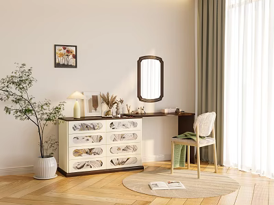Modern Dressing Table With Drawers Mirror And Chair In Bright Room With Plant 3d model