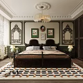 Traditional Bedroom Interior With Shuttered Windows Chandelier Wooden Bed And Patterned Rug