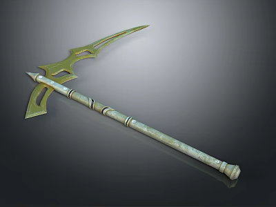 Ornate Decorative Bladed Equipment With Golden Green Curved Design And Long Handle 3d model