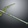 Ornate Decorative Bladed Equipment With Golden Green Curved Design And Long Handle