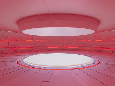 Cartoon Scene of Pink Circular Space With Circular Platform Red Glowing Lines and Geometric Shapes 3d model