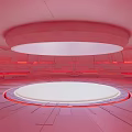 Cartoon Scene of Pink Circular Space With Circular Platform Red Glowing Lines and Geometric Shapes