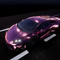 Purple Sleek Modern Sports Car With Shining Headlights On Night Road