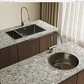 Elegant Kitchen Sink with Granite Countertop Modern Faucet Dark Wooden Cabinets and Curtains
