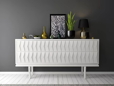 White Modern TV Stand With Diamond Pattern And Green Plant Lamp Vases Picture Frame 3d model