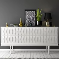 White Modern TV Stand With Diamond Pattern And Green Plant Lamp Vases Picture Frame
