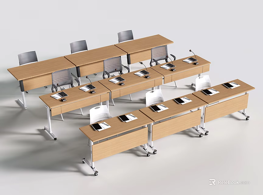 Modern Office Desks With Wooden Tops Metal Frames And Movable Wheels 3d model 