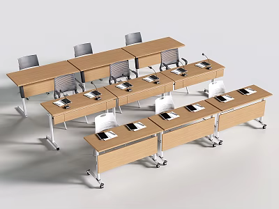 Modern Office Desks With Wooden Tops Metal Frames And Movable Wheels 3d model