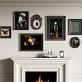 Elegant Fireplace Wall With Various Decorative Paintings And Mantel Decorations 3d model