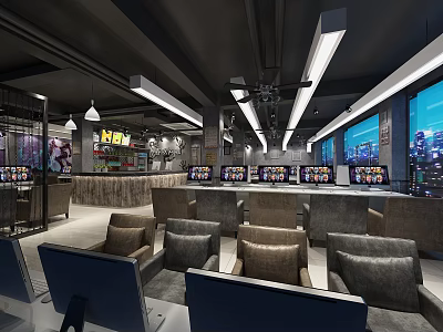 Spacious Modern Internet Cafe Interior Design With Gaming Computers Comfortable Seats And Lighting 3d model