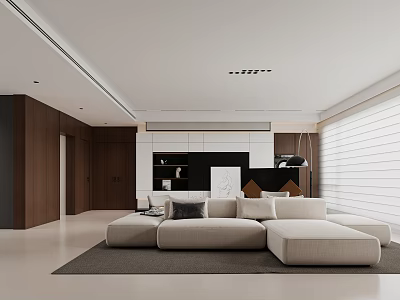 Modern Living And Dining Room Interior With Beige Sofa Dark Wood Shelves And Window Blinds 3d model