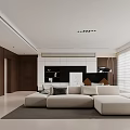 Modern Living And Dining Room Interior With Beige Sofa Dark Wood Shelves And Window Blinds