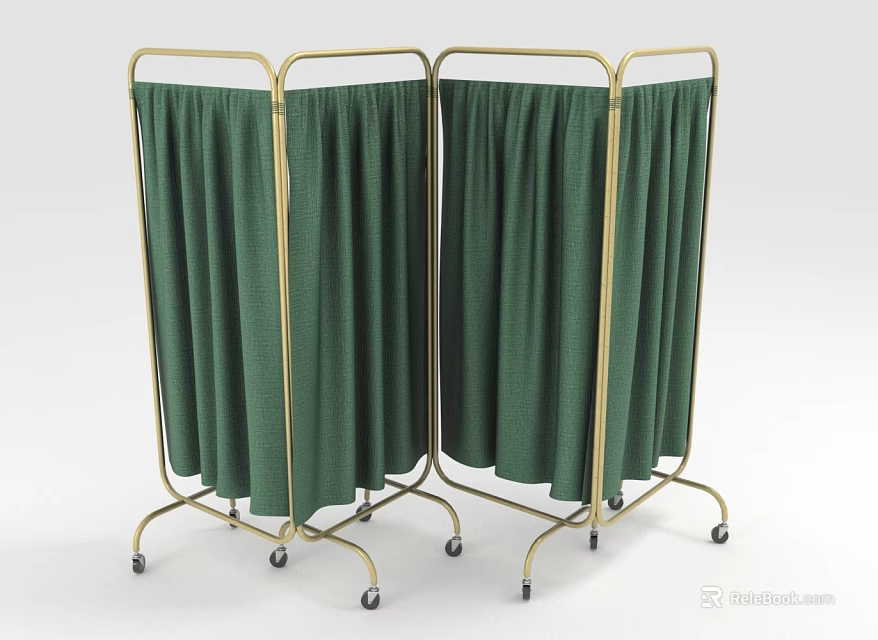 Green Fabric Room Divider With Gold Metal Frame And Rolling Wheels Design 3d model 