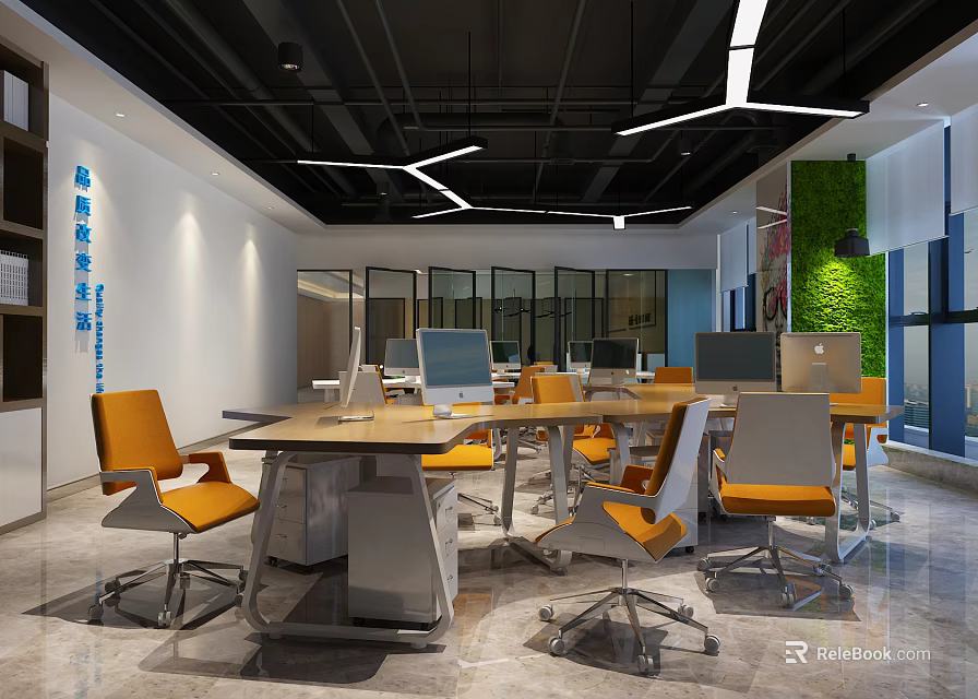 Modern Public Office Space Featuring Wooden Desks Orange Chairs And Green Plant Wall 3d model 