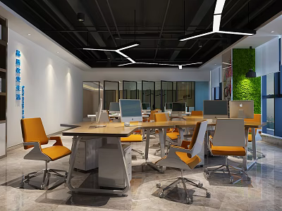 Modern Public Office Space Featuring Wooden Desks Orange Chairs And Green Plant Wall 3d model