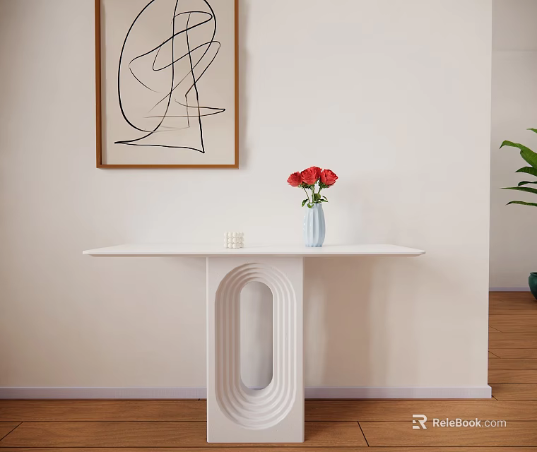 White Console Table With Vase Of Red Roses And Abstract Wall Art On Light Wall 3d model 