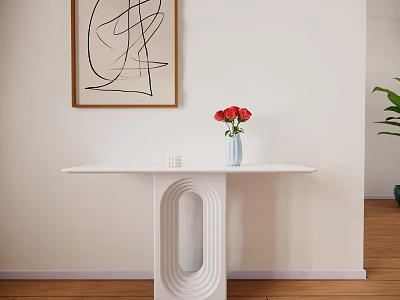 White Console Table With Vase Of Red Roses And Abstract Wall Art On Light Wall 3d model