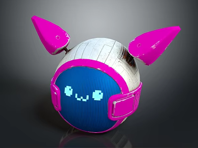Smart Machine With Spherical Design Pink Ears Blue Face And Glowing Pixel Smiley 3d model