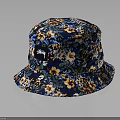 Stylish Blue Floral Pattern Bucket Hat with Decorative Logo and Colorful Design