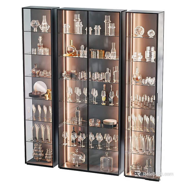 Modern Glassware Display Cabinet Interior With Various Wine Glasses Vases And Plates 3d model 