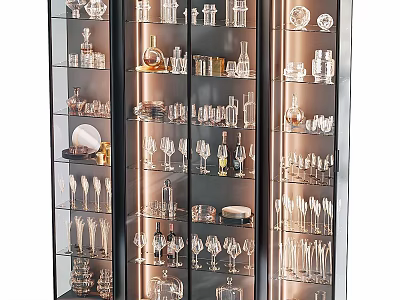 Modern Glassware Display Cabinet Interior With Various Wine Glasses Vases And Plates 3d model