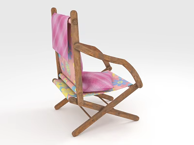 Wooden Folding Lounge Chair With Pink Towel And Colorful Patterned Seat 3d model