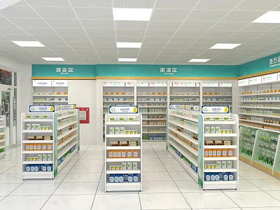 Bright Shopping Mall Pharmacy Interior With Organized Shelves And Health Products 3d model