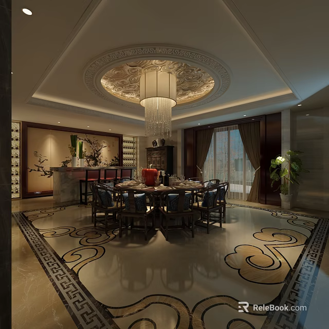 Chinese Style Private Dining Room With Round Table Chandelier And Decorative Carpet 3d model 