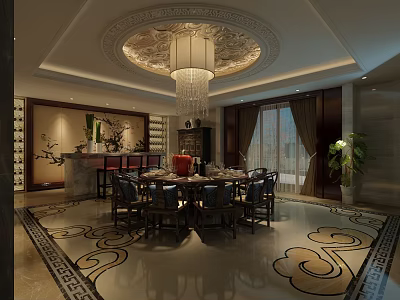 Chinese Style Private Dining Room With Round Table Chandelier And Decorative Carpet 3d model