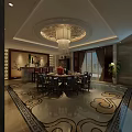 Chinese Style Private Dining Room With Round Table Chandelier And Decorative Carpet