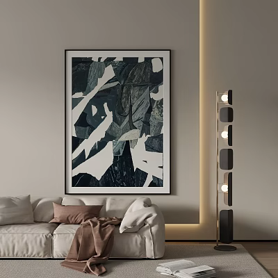 Abstract Landscape Painting in Modern Living Room With Sofa And Floor Lamp 3d model