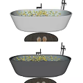 Elegant White and Black Bathtubs with Golden Petals in Water Slippers on Mat