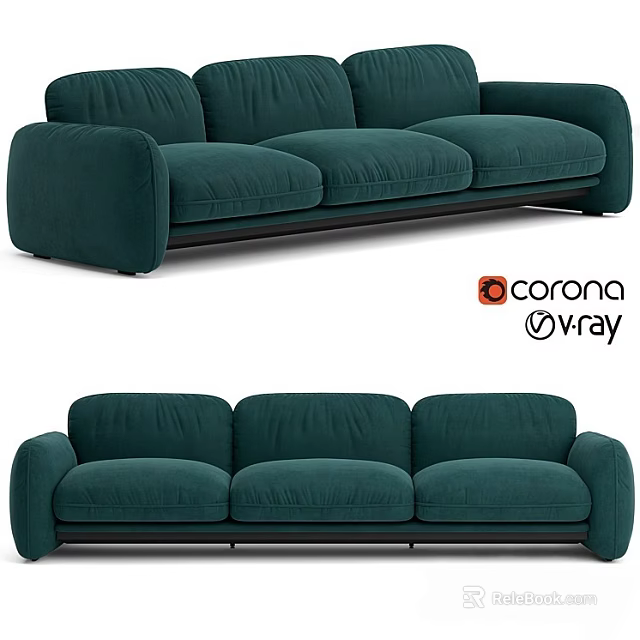 Dark Green Three Seater Sofa With Modern Plush Upholstered Comfortable Design 3d model