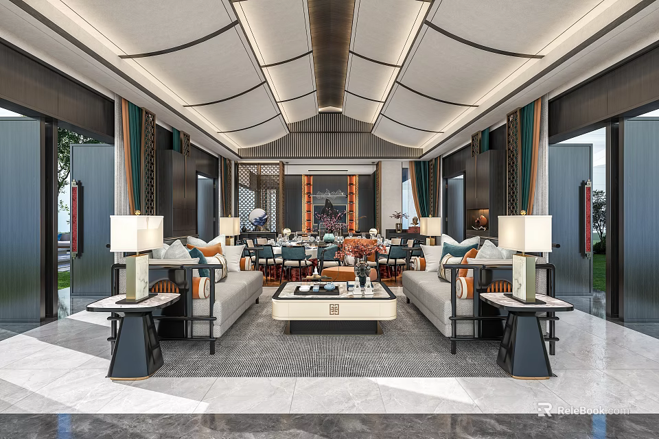 Luxurious Chinese Style Private Room With Sofas Coffee Table And Lamps 3d model