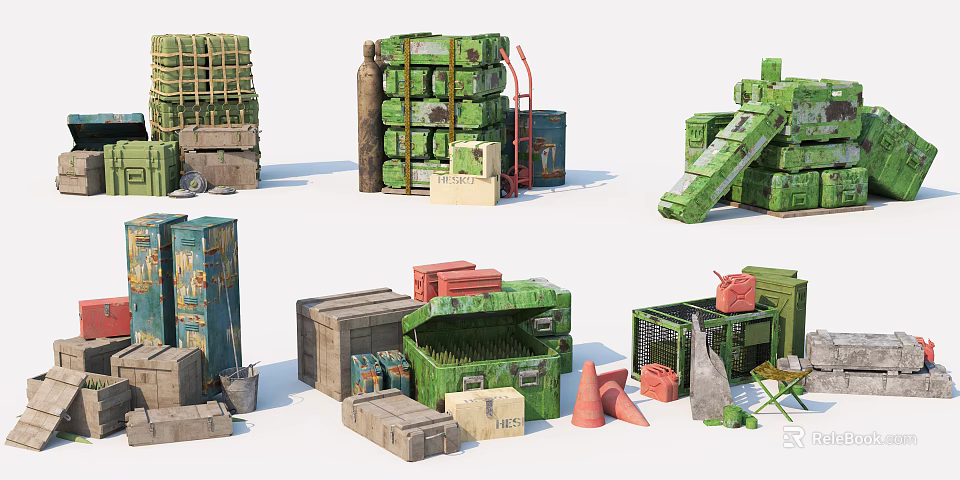 Weapon Storage For Military Featuring Stacked Green Brown Ammunition Boxes Crates And Equipment 3d model