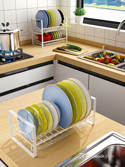 Organized Colorful Dinnerware Set With Stacked Plates On White Kitchen Rack 3d model 
