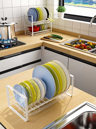 Organized Colorful Dinnerware Set With Stacked Plates On White Kitchen Rack 3d model