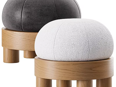 Round Gray Leather And White Fabric Ottoman With Solid Wooden Legs Design 3d model