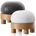 Round Gray Leather And White Fabric Ottoman With Solid Wooden Legs Design