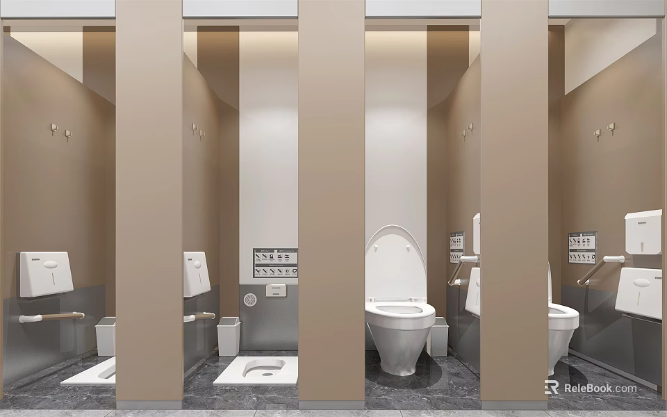 Elegant Modern Hotel Bathroom Interior With White Toilets Stall Partitions And Marble Flooring 3d model 